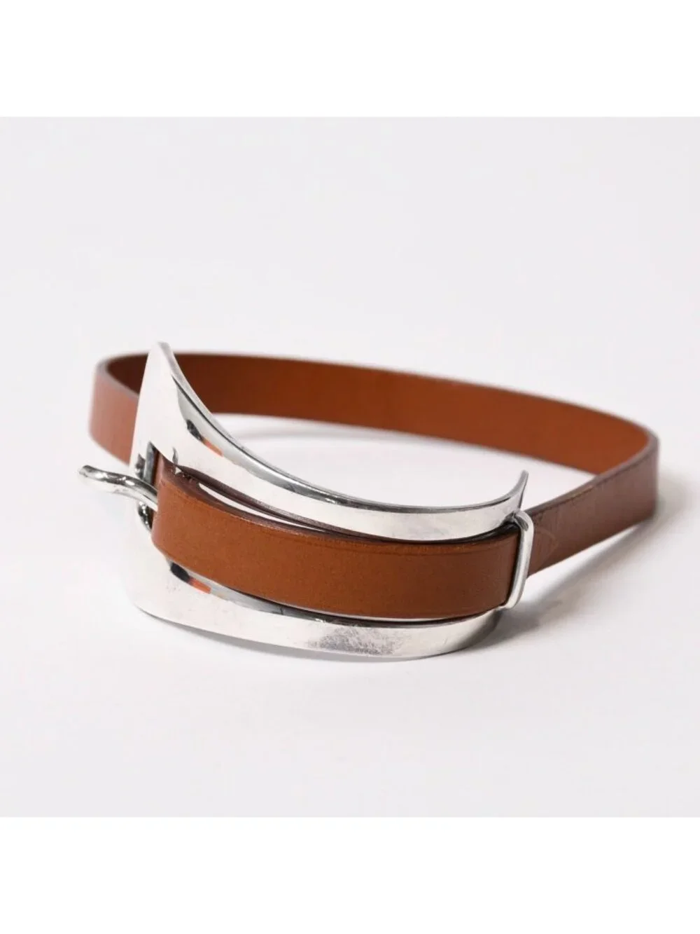 Hermes Belt Motif Leather Bracelet Brown 925 Sterling Silver